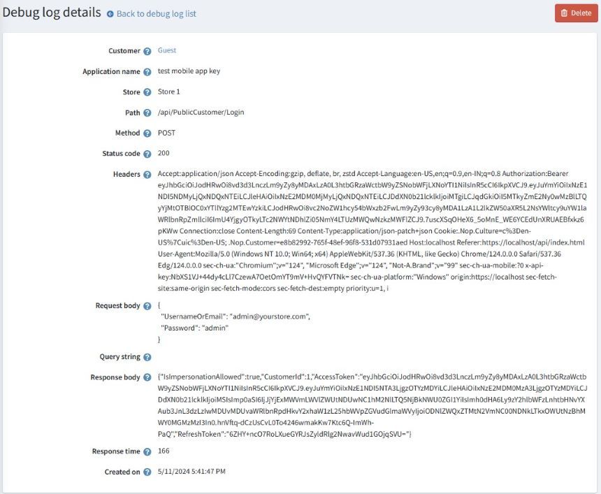 debug log details page screenshot from nopcommerce public api plugin by nopadvance